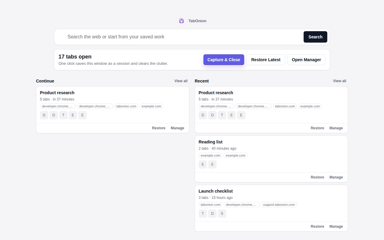 TabOnion home interface for capturing and closing selected browser tabs.