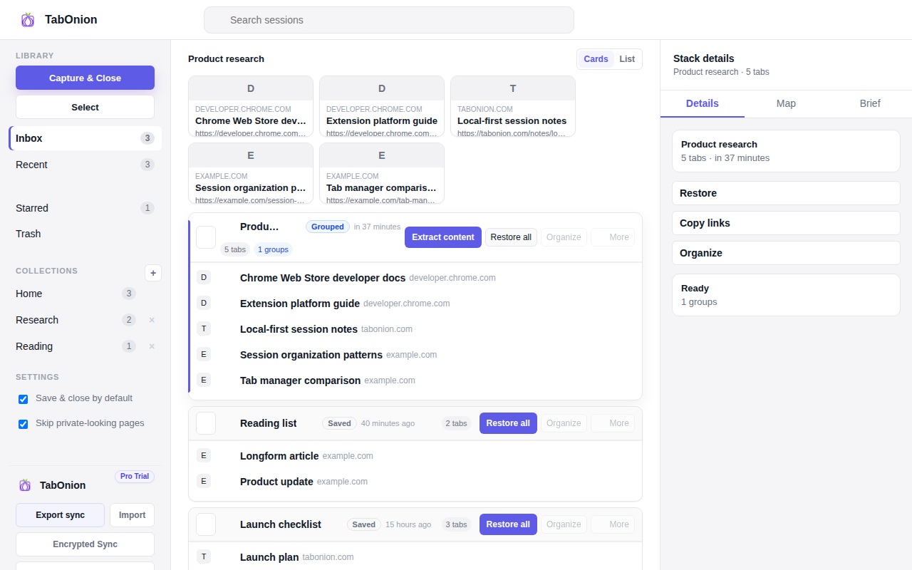 TabOnion saved sessions product screenshot